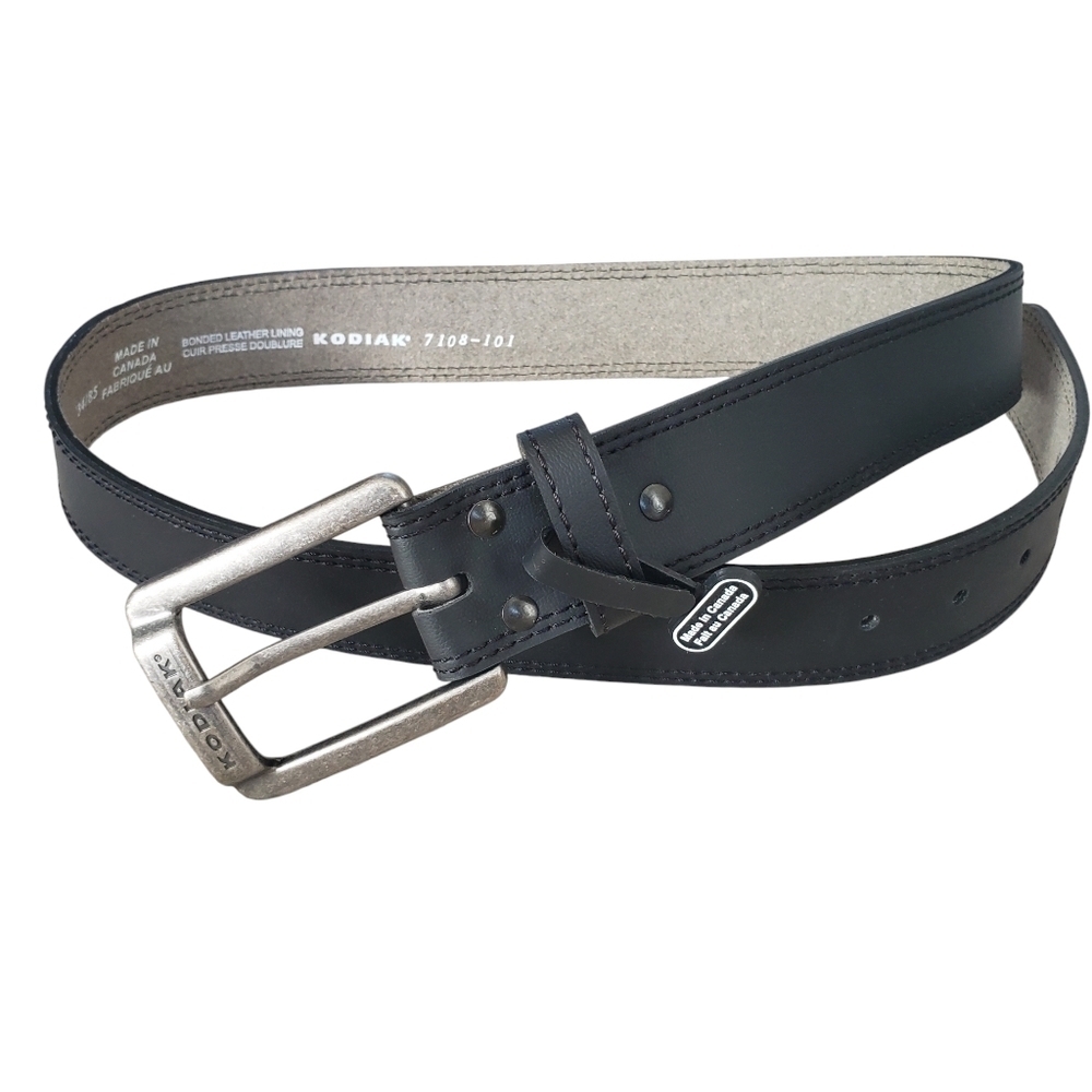 NEW Kodiak Black Leather Belt Rugged Look Brushed Buckle